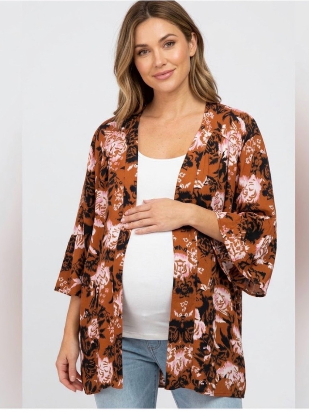 Motherhood Maternity Floral Kimono in Pink and Black